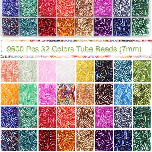 EuTengHao 9600Pcs Tube Beads Kit 7mm Glass Bugle Seed Beads for Jewelry Making Embroidery & Home Decoration (32 Vibrant Colors)