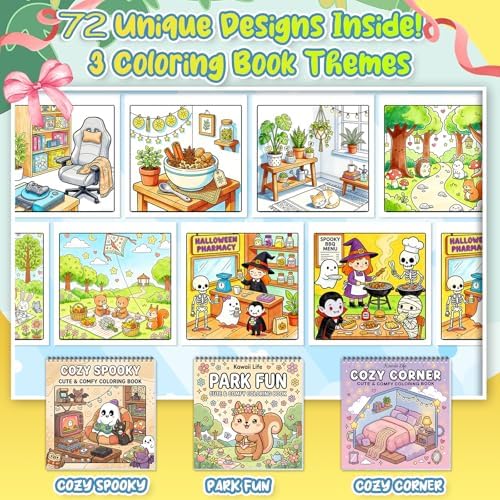 3Pack Adult Coloring Books With Markers, Spiral Bound Stress Relief Art Kit