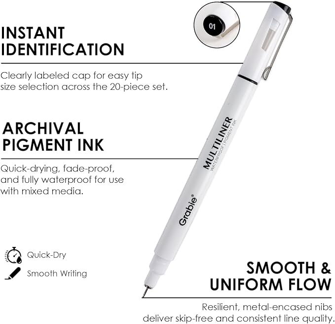 Grabie Micro Fineliner Pens, Set of 20 Multicolor Waterproof Drawing Pens | Waterproof Pigment Ink, Assorted Tip Sizes, Precision Fine Lines, Metal-Clad Nibs, Smooth Ink Flow, Smudge Resistant