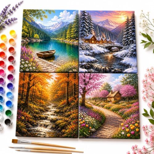 Paint by Numbers Kit for Adults, Set of 4 Framed Canvases, Four Seasons