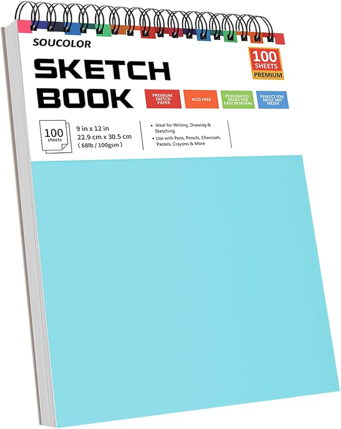 Soucolor 9x12 Sketch Book 2-Pack, 100 Sheets, Acid-Free, Spiral Bound | 68lb acid-free paper, micro-perforated pages, lay-flat spiral binding, great for kids, students& artists. Blue& purple 2-pack