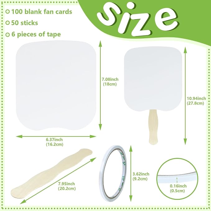 156 PCS DIY Blank Hand Fans Kit, 100 Cardstock Paper Fans with 50 Wavy Wooden Handles & 6 Rolls of Double-Sided Tape for Church, Wedding, Party, Custom Decoration & Craft Projects