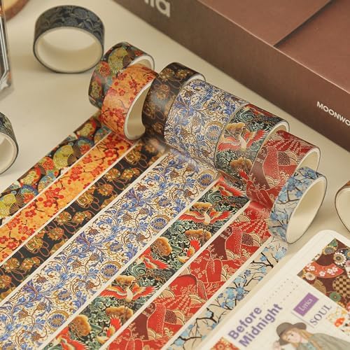 12 Rolls Kyoto Charm Washi Tape Set Japanese Arts Adhesive Tapes Geometric Garden Decorative Masking Tape Sets for Craft, Kids, Scrapbook, DIY, Gift Wrapping (Floral Bird)