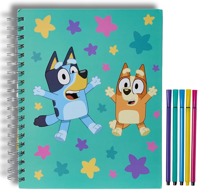 Bluey Sketchbook for Kids with Washable Markers, 86 Blank Pages Spiral Bound, Turquoise