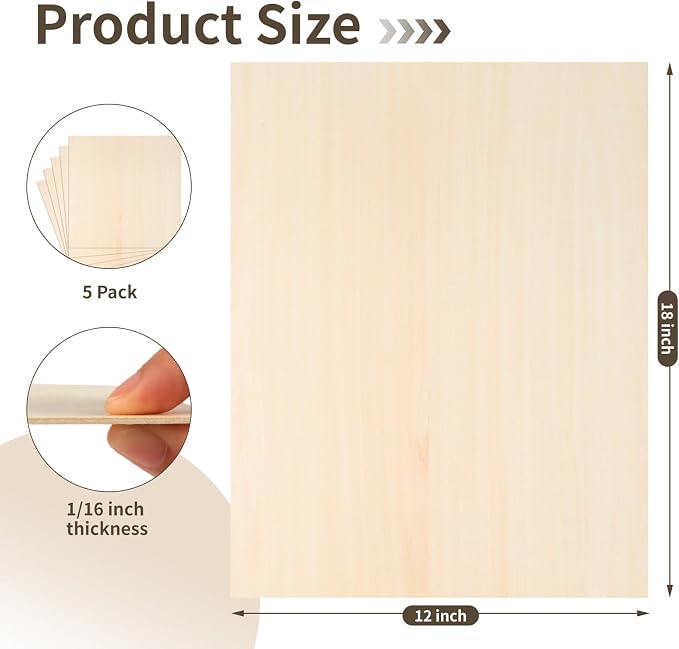 Balsa Wood, Plywood Sheet, Unfinished Basswood Blanks, 12×18×1/8 in, 5 Pcs | for Laser Cutting, Engraving, Burning, Crafts, Paint; Smooth and Polished, No Burrs, Wood Craft Supplies