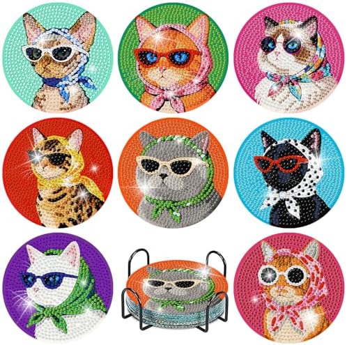 8 Pcs Cat Diamond Painting Coasters Kits with Holder,Cat Wearing Glasses Diamond Art Coasters with Wooden Pad for Adult,DIY Round Drill Gem Drink Coaster Art Craft Supplies for Home Decor 4x4 Inch.