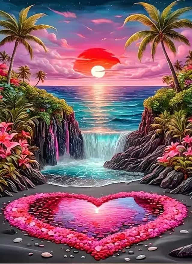 YUXUANKANG Diamond Painting Kit, Tropical Beach Sunset with Waterfall and Heart, Colorful Landscape Art 12x16 inch