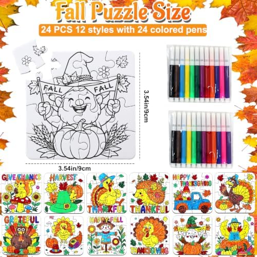 24Set Fall Thanksgiving Crafts for Kids Toddlers Adults, Thanksgiving Art Craft DIY Kit Blank Puzzle Pumpkin Turkey, Autumn Classroom Activities for Party Favors Gift Coloring Games Toys Supplies Bulk