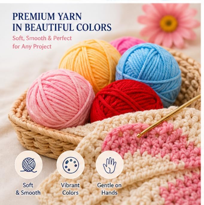 Crochet Kit Set with Portable Travel Bag, 9 Ergonomic Soft Handle Hooks (2.0-6.0mm), 5 Yarn Balls, Stitch Markers, for Beginners (Navy)