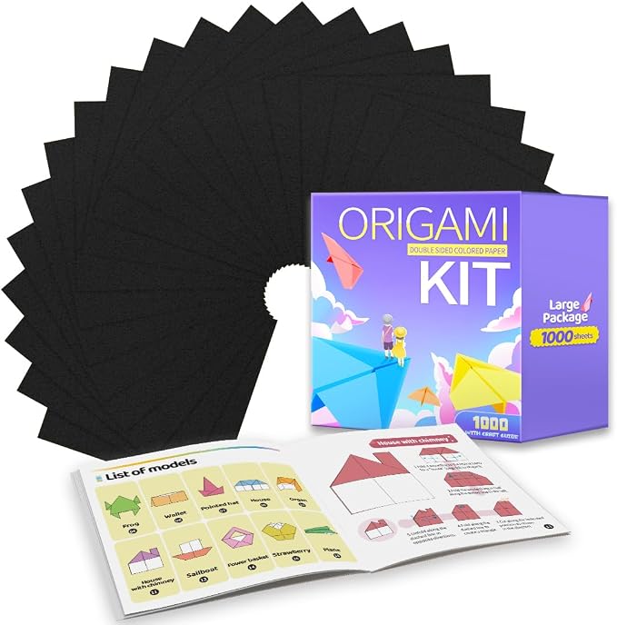 Praisebank Black Origami Paper, 1000pcs 6x6 inch, Double Sided Color, Origami Kit with Guide instruction for Crafts