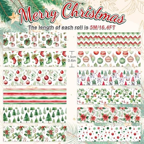 Whaline 12 Rolls Christmas Washi Tape Watercolor Xmas Tree Poinsettia Flower Holly Berry Decorative Masking Tape for Scrapbook Journal DIY Art Craft Gift Wrapping
