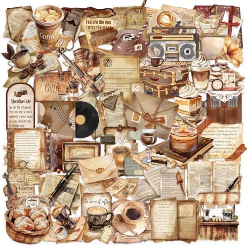 50 PCS Retro Coffee Shop Stickers for Scrapbooking Journaling Junk Journal Scrapbook Supplies - Waterproof Transparent PET Aesthetic Decals for Resin Crafts Decorative Art Crafts (Retro)