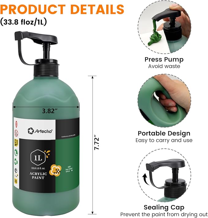 Artecho Sap Green Acrylic Paint 1000ml / 33.8 fl oz Pump Dispenser