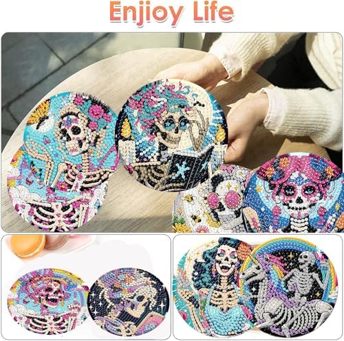ijbnhd 8 PCS Skull Diamond Art Coasters Kit Diamond Painting Coasters