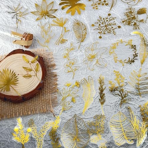 50PCS Boughs and Flowers Stickers Aesthetic PET Stickers Gold Stamp Decal Waterproof Decorative Decals for Scrapbook DIY Crafts Album Bullet Journal Planner Water Bottles Laptop Phone (Gold Stamp-C)
