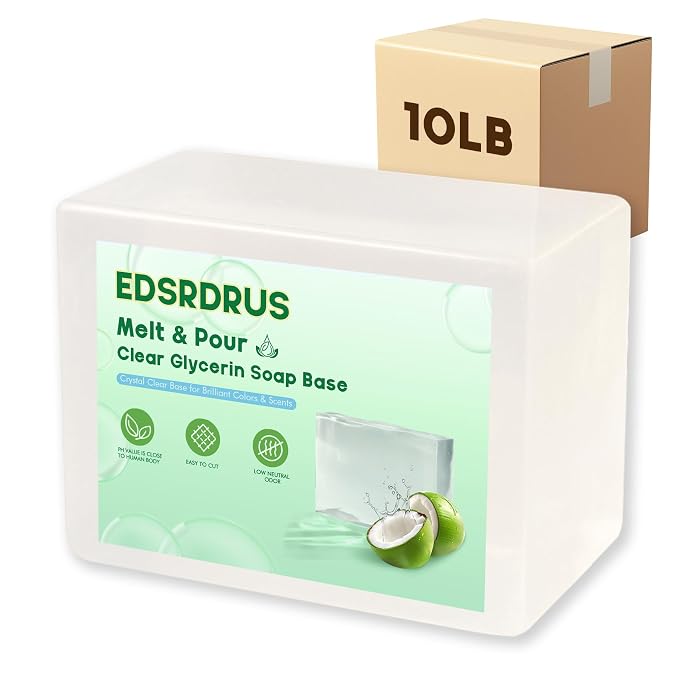 EDSRDRUS 10lb Unscented Melt and Pour Soap Base, Fragrance-Free Glycerin Soap Making Supplies for DIY Crafting – Smooth Melt, Rich Lather, Moisturizing (Transparent, 10 Pound)