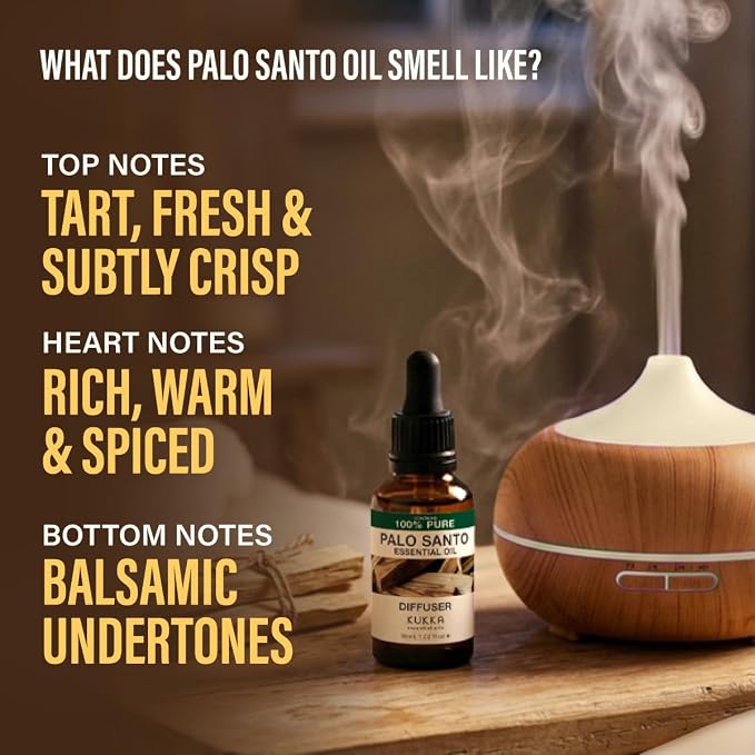 100% Pure Palo Santo Essential Oil 1 Fl Oz, Undiluted - Aromatherapy | Woodsy Aroma, Sourced from Peru, GC/MS Tested, Glass Dropper - for Hair, Skin, Diffuser, Body Wellness - Non-GMO