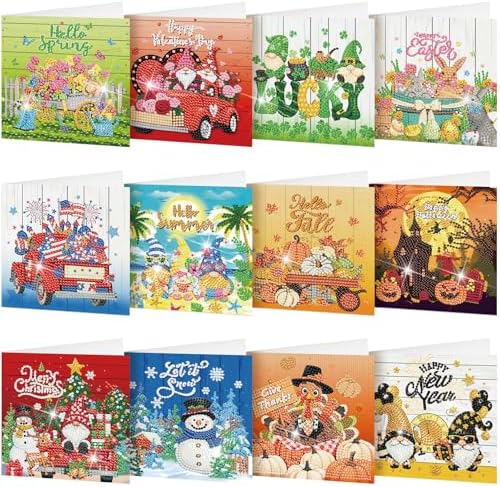 Saillong 12 Pack Holiday Diamond Painting Greeting Card Kit Seasonal Diamond Art Cards with Envelopes Summer Patriotic 5D Rhinestones Painting Making Kit for Adult DIY Craft Family Friend Holiday Gift