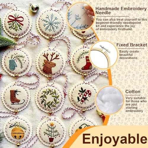 Christmas Embroidery Kit, 12PCS DIY Ornament Set for Beginners