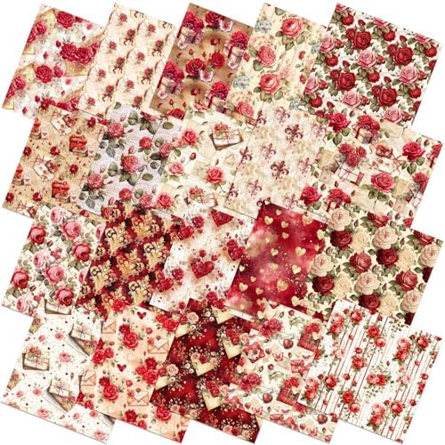 HunnmingRe 20 Pcs 10''x10'' Vintage Valentines Quilting Fabric Square Bundle Love Heart Precuts Quiltted Fabric Red and Pink Rose Printed Patchwork Supplies for DIY Material Sewing Craft Strips