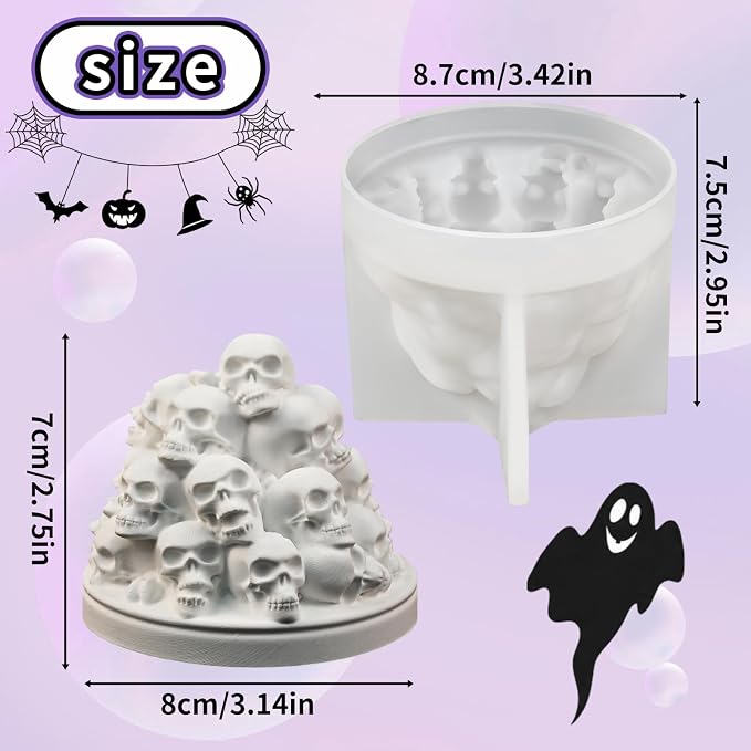 Hallowee Skull Candle Mold, Stacked 3D Skeletons Head Silicone Mold | Durable Non-Stick Halloween Craft Molds for Epoxy Resin Casting, Concrete & Soap, DIY Home Decor Party Creative Gift Making