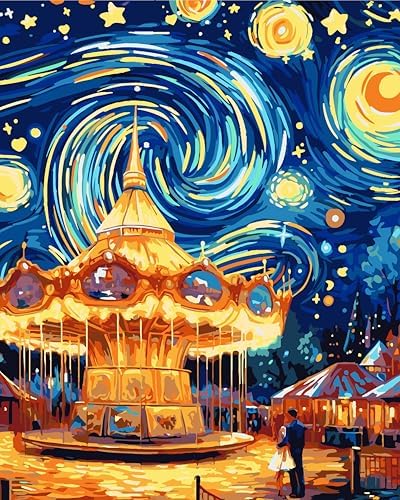 Yunnuo Paint by Numbers Kit for Adults Beginner,Paint by Number Canvas Starry Night,Couples in Amusement Parks Painting by Numbers,Suitable for Home Decor & Gift 16” W x 20”L