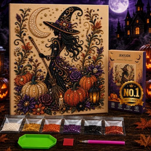 Halloween Pearl Art Kit for Adults 3D Diamond Painting DIY Craft Bead Mosaic with Ghost Pumpkin Witch Raven Skull Cow Design Options for Spooky Seasonal Home Decor and Creative Holiday Activity