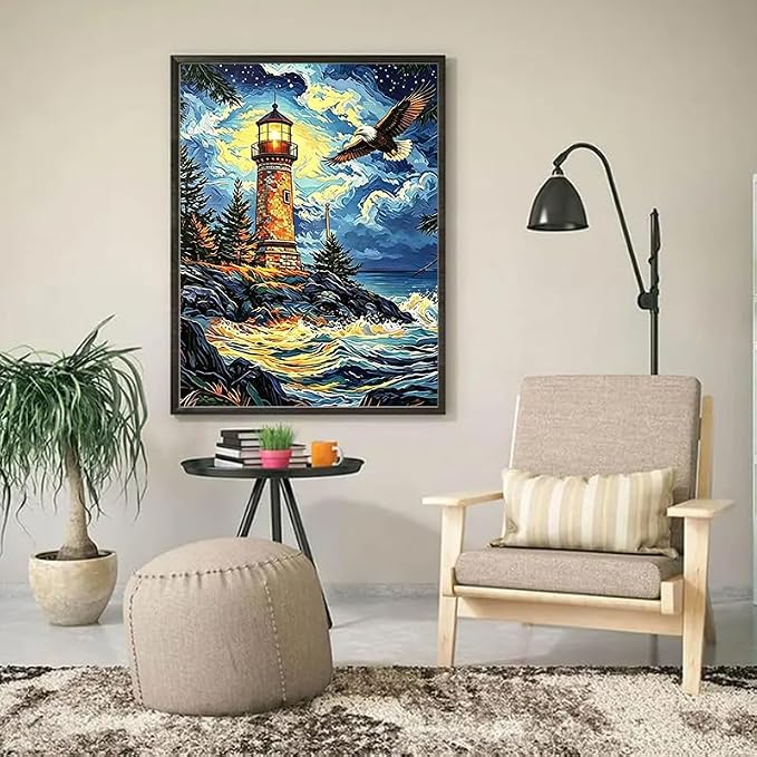 YUXUANKANG Diamond Painting Kit, Lighthouse and Eagle Scene, 12x16 Inch, DIY Craft Activity for Adults, Multicolor Resin