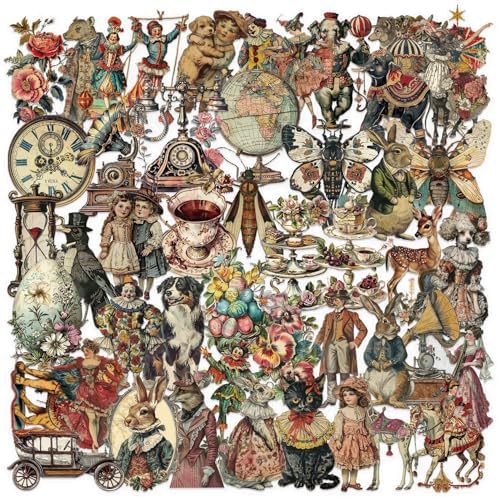 50 Pcs Vintage Victorian Ephemera Stickers – Clear Scrapbooking Supplies with Retro Animals, Flowers, Circus & Antique Objects – Aesthetic Journal Decor for Resin Crafts, Journals, Planners