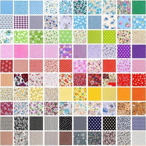 100 Pcs Cotton Fabric Squares for Quilting - 25x25cm (9.8"x9.8") Precut Fabric Bundles, 100 Non-Repeating Patterns, Lightweight Soft Floral Patchwork for Sewing DIY Crafts Beginners