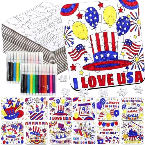24 Sets 4th of July Patriotic Crafts for Kids, Independence Day Crafts Activities DIY Puzzle Kits Red White Blue Flag Star Memorial Day Jigsaw Painting Arts for Party Favors Gift Supplies Coloring Toy