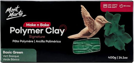 Mont Marte Make n Bake Polymer Clay Signature Basic Green 400g (14.1oz) Block, Bake in Oven, Soft and Smooth, Sculpting, Craft, DIY Décor, Jewelry