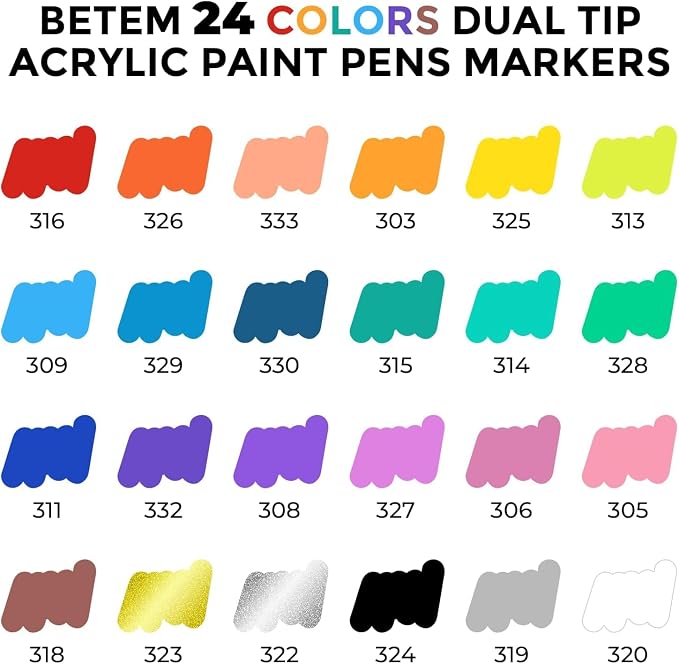 Betem 24 Colors Dual Tip Acrylic Paint Markers, Fabric Decorating Kits | Premium Water-Based Acrylic Paint Pens Art Supplies for Fabric, Rock, Wood, Glass, Canvas, Ceramic, School Supplies