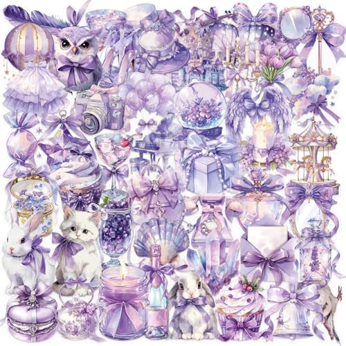 50 Pcs Romantic Purple Dreamy Transparent Scrapbook Stickers – Fantasy Fairycore Crystal Bow Ribbon Castle Animals Clear Journaling Decorative Stickers