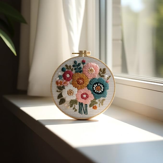 Embroidery Kit for Beginners & Adults Starter Kit, Cross Stitch Kits,DIY Hand Embroidery Needlepoint Set with Hoop, Pre-Printed Fabric, Threads and Instructions (Flower-2)