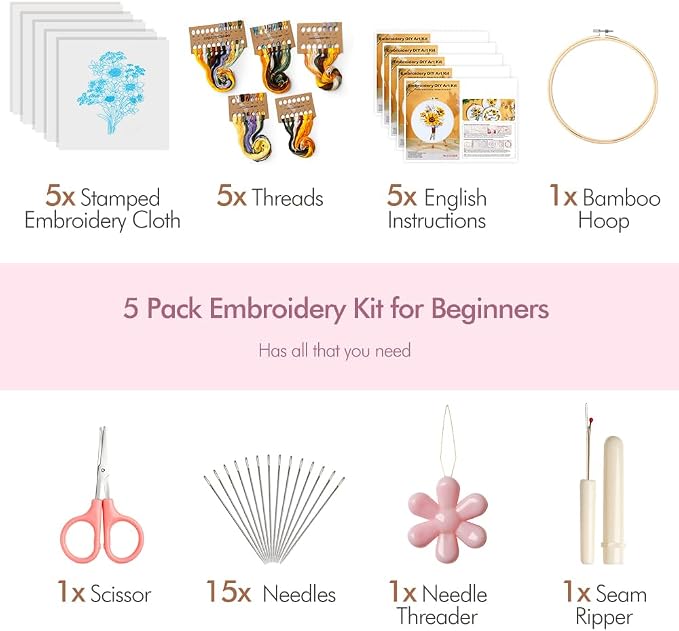 wtisan 5 Pack Embroidery kit for Beginners Adults DIY Starter Kit | Sunflower Gifts for Women Cross Stitch Kits with Embroidery Hoop, Tools,Colorful Threads,Hand Craft Lover Gift