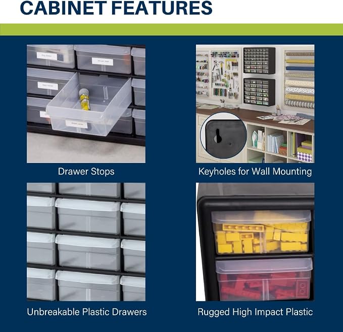 Akro-Mils 24-Drawer Plastic Storage Cabinet | 20" W x 6" D x 16" H | Black | Model 10124 | Garage Organization