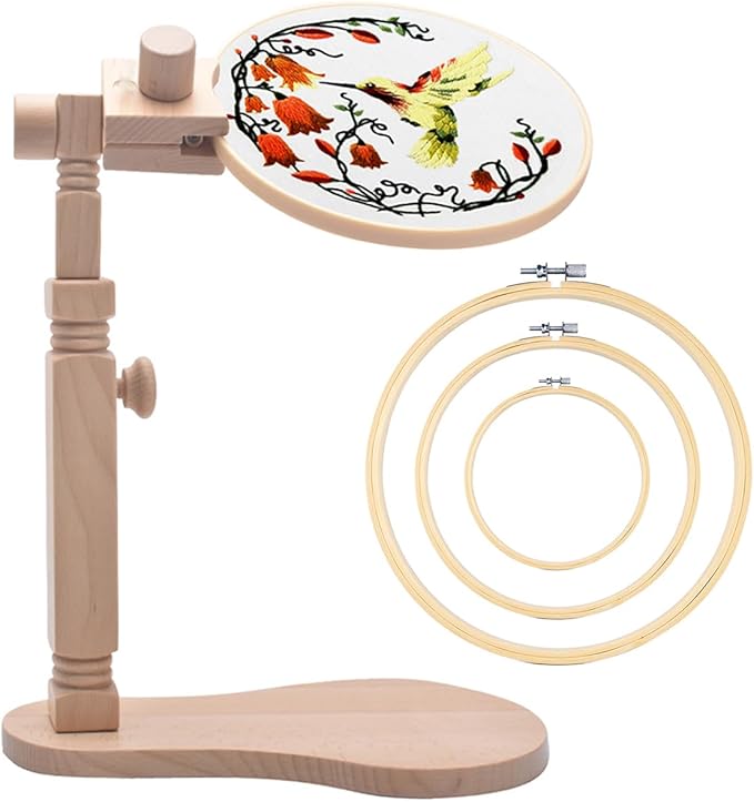 TINDTOP Beech Wood Embroidery Hoop Stand, with 3pcs Embroidery Hoops