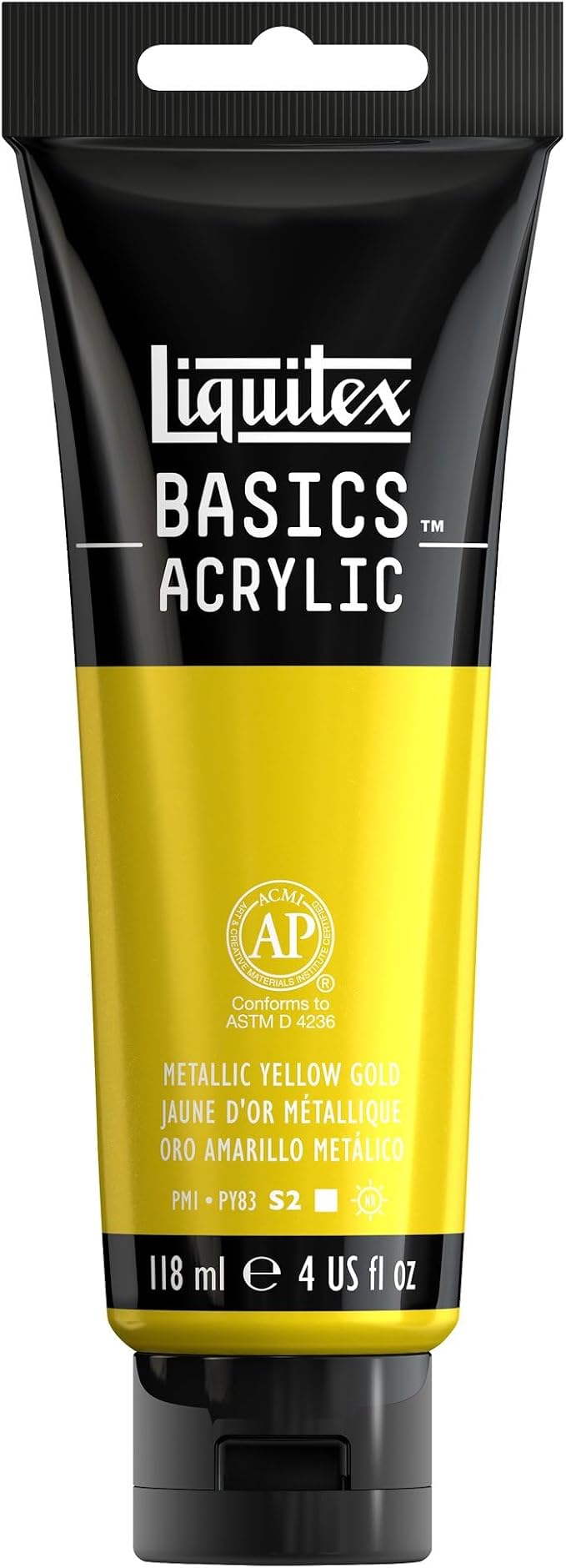 Liquitex BASICS Acrylic Paint, 4-oz Tube, Metallic Yellow Gold | Medium Viscosity, Satin Finish, Lightfast, Fine Art Pigments, Range of Opacities, Easy Blending