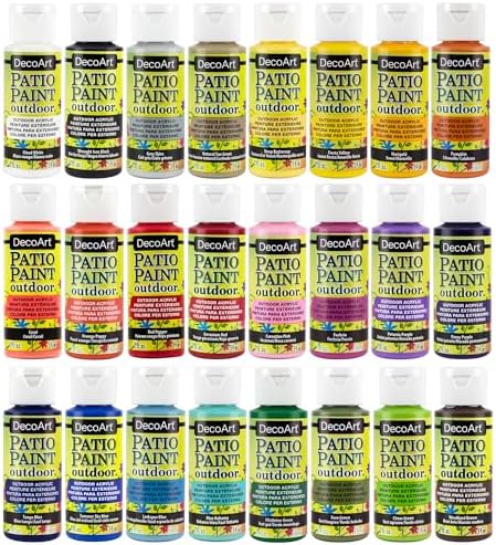 DecoArt Patio Outdoor Paint Set – 24 Starter Colors (2 fl oz Bottles) – Outdoor Weatherproof Permanent Paints for Wood, Terra Cotta & DIY Crafts