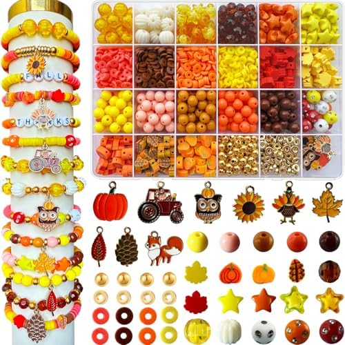 XBYzuzi 1540Pcs Fall Beads for Bracelets Making Kit, Thanksgiving Beads for Bracelets Jewelry Making Orange Assorted Autumn Maple Leaf Pumpkin Clay Bead Turkey Charms for Necklace Earrings DIY Crafts
