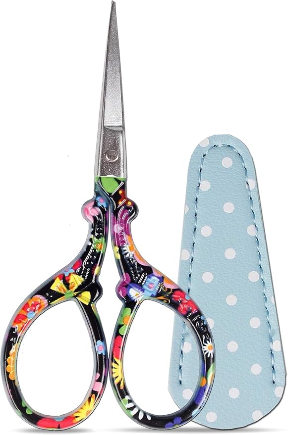 3.6 inch Sharp Embroidery Scissors for Sewing with Premium Leather Sheath | Classic-Hisuper Cross Stitch Scissors Vintage Decorative Shears Needlework Crochet Accessories Craft DIY Tool-Black Floral