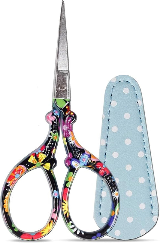 3.6 inch Sharp Embroidery Scissors for Sewing with Premium Leather Sheath | Classic-Hisuper Cross Stitch Scissors Vintage Decorative Shears Needlework Crochet Accessories Craft DIY Tool-Black Floral
