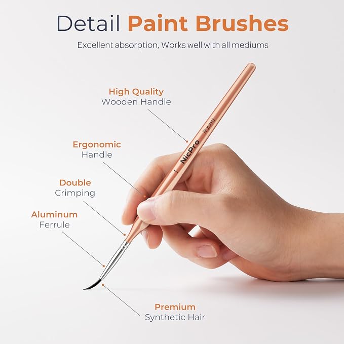 Nicpro Detail Paint Brushes, 6 PCS Extra Fine Tip Miniature Paint Brush Set | 20/0-0 Round Micro Tiny Small Brushes for Acrylic Watercolor Oil Model Painting Rock Crafts Paint by Numbers Adult Art Kit