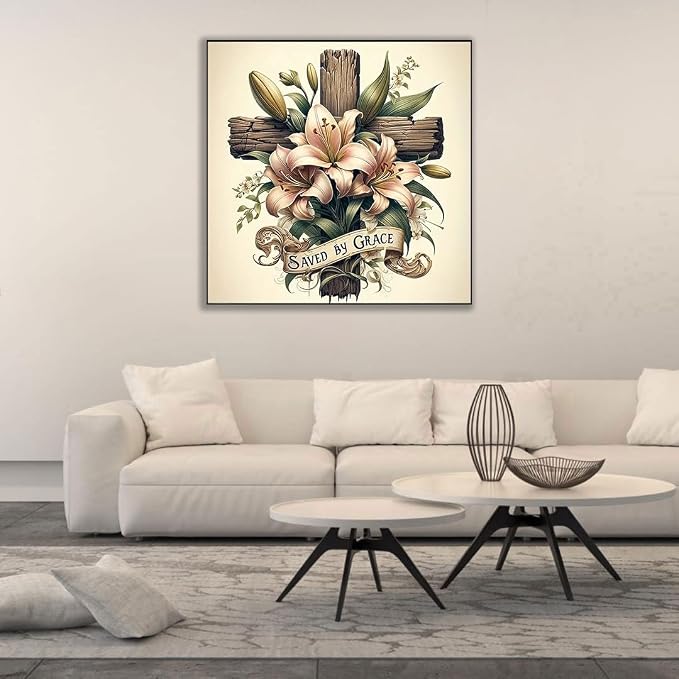 CHWGLFGG 5D Cross Diamond Art Kits for Adults Beginners 13.7X13.7Inch | DIY Full Round Drill Diamond Painting Kit Religious Cross With Lily Flowers, Paint by Diamonds Dot Gem Art, Home Wall Decor