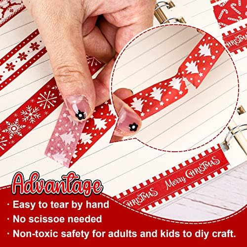Whaline 12 Rolls Christmas Washi Tapes Red White Decorative Tape Assorted Xmas Patterns Holiday Masking Tapes for Christmas Scrapbook Journal Calendar DIY Craft Gift Wrapping, 16.4ft x 0.6