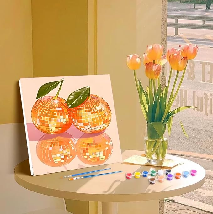 Canrichshop 4 Pack Disco Ball DIY Paint by Number Beginners,Fruit Oil Painting Adults' Paint-by-Number Kits,Acrylic Paint Kit with Frame for All Ages,Easy Paint by Numbers Kids on Canvas 8x8inch
