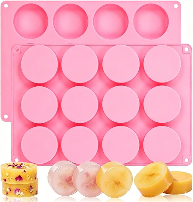 SJ Round Soap Mold Set, 2-Pack 12-Cavity Silicone Soap Molds | For Soap Making, Bath Bombs, Shower Steamers, Lotion Bars & Loofah Soap, Food Grade Silicone, Easy Release, Reusable