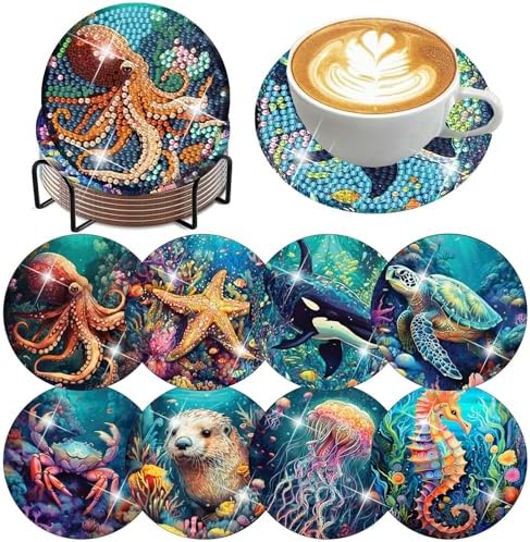8 Pack Diamond Art Coasters,Ocean animal Diamond Painting Coasters Kits