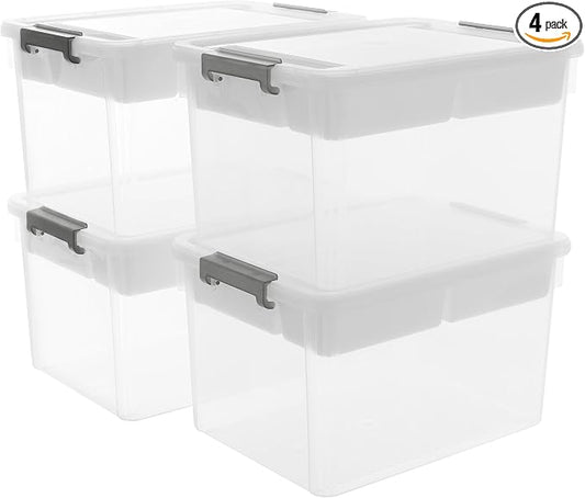 Citylife 32QT 4Packs Clear Craft Organizers and Storage Box with Tray | Stackable Art Supply Organizer Storage Bins with Lids for Beads, Markers, Sewing, Tools, Clothes, Files, Office Supplies